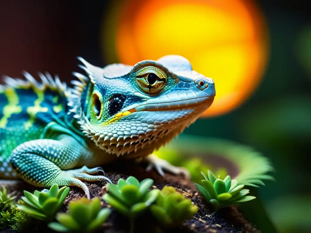 Un reptil bajo una lámpara de calor, muestra detalles de sus escamas, ojos y textura de la piel