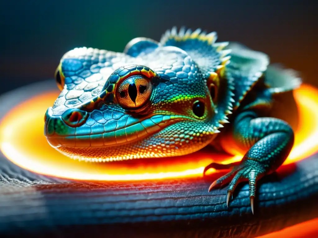 Un reptil bajo una lámpara de calor, con ondas de calor reflejándose en sus escamas