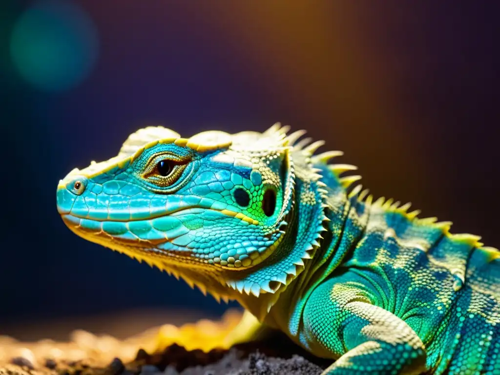 Un reptil basking bajo la luz UV, resaltando detalles de sus escamas y el contraste entre la luz artificial y su tono natural