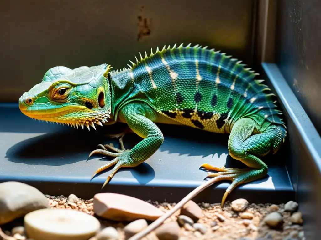 Reptil maltratado en jaula sucia, con señales de abuso y sufrimiento, representa consecuencias legales del maltrato de reptiles