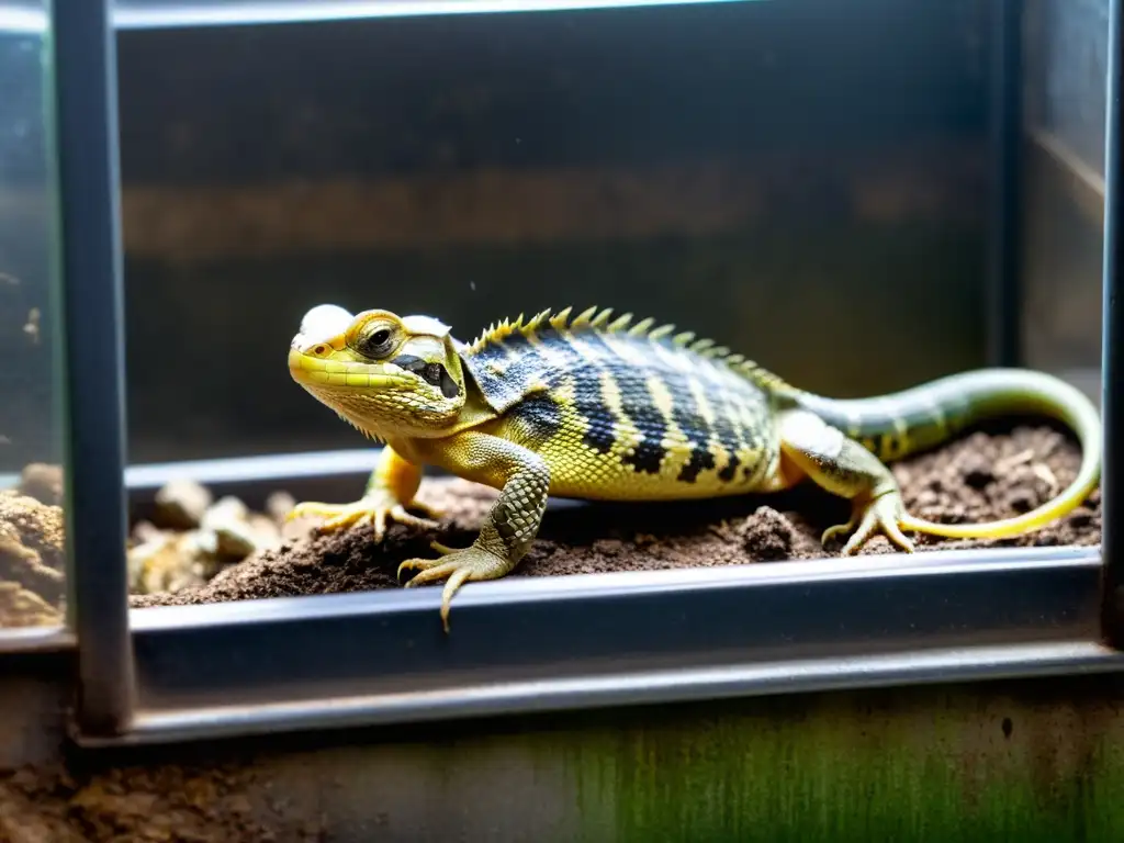 Reptil maltratado en un recinto sucio, con signos de malnutrición y abandono