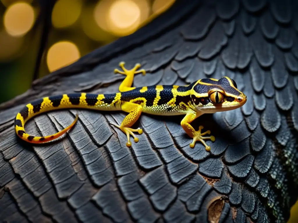 Un reptil nocturno camuflado en un árbol, con escamas brillantes bajo la luna, evocando hábitos nocturnos reptiles conservación