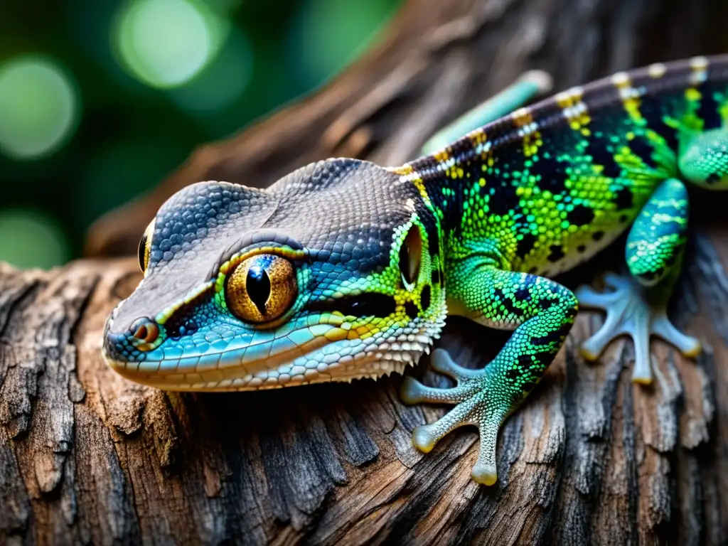 Un reptil nocturno se camufla hábilmente en la corteza texturizada de un árbol durante la noche, demostrando sus hábitos nocturnos y su conservación