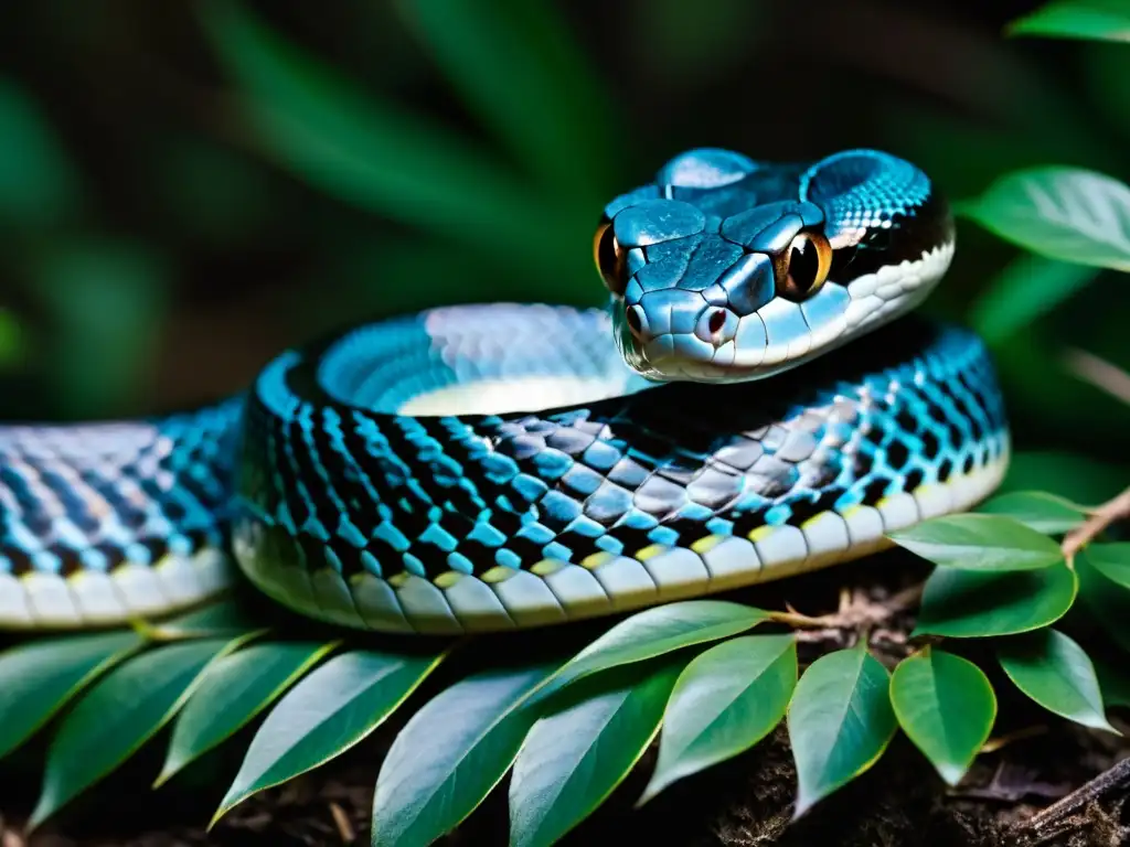 Un reptil nocturno deslizándose entre la maleza, sus escamas brillan a la luz de la luna en busca de presas