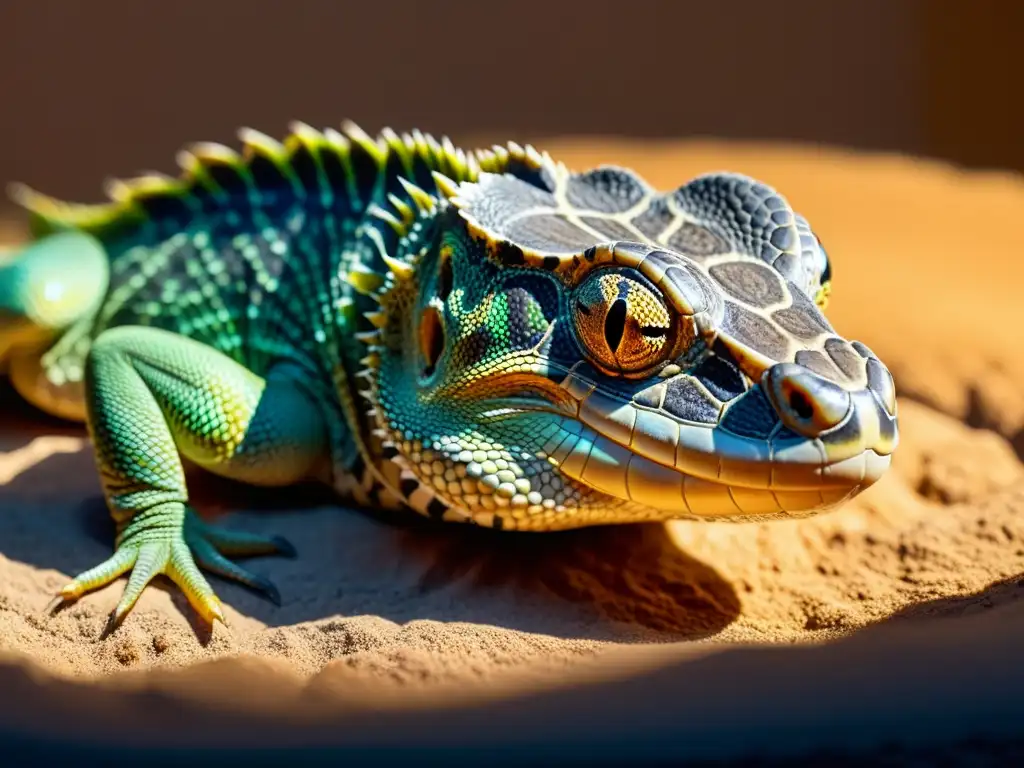 Reptil disfrutando de la iluminación UVB, con patrones detallados en sus escamas y ojos cerrados en tranquilidad