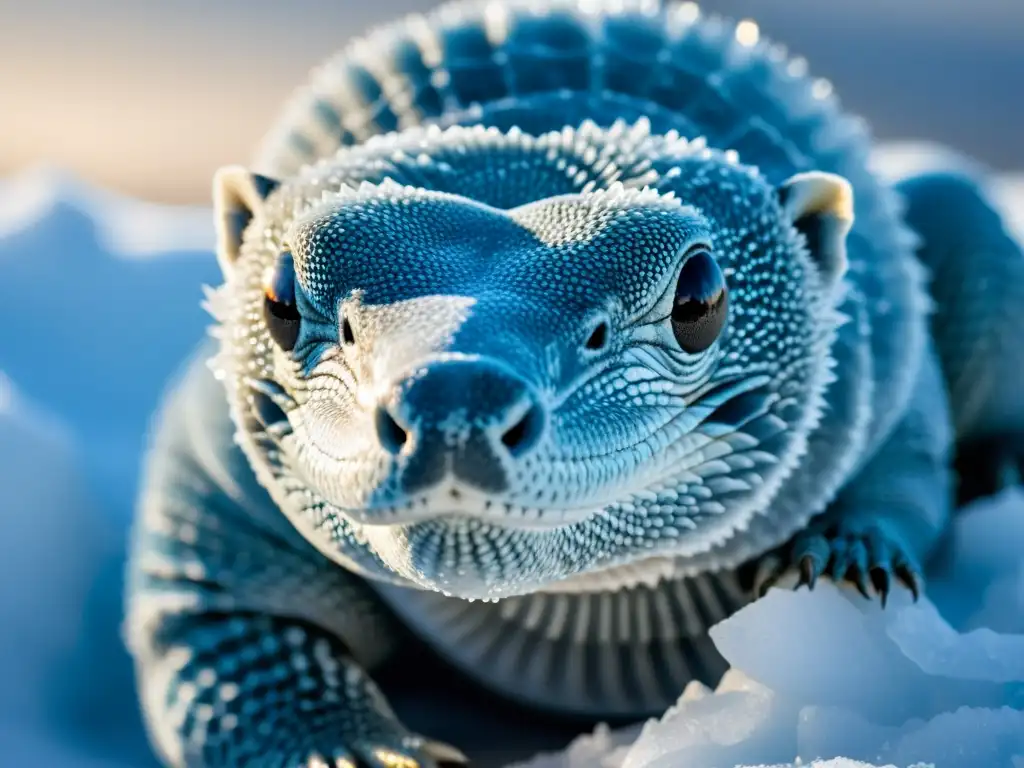 Retrato impresionante de reptil polar, escamas gélidas en tundra Reptil polar con adaptaciones al frío extremo, escamas brillantes, ojos azules, en tundra helada