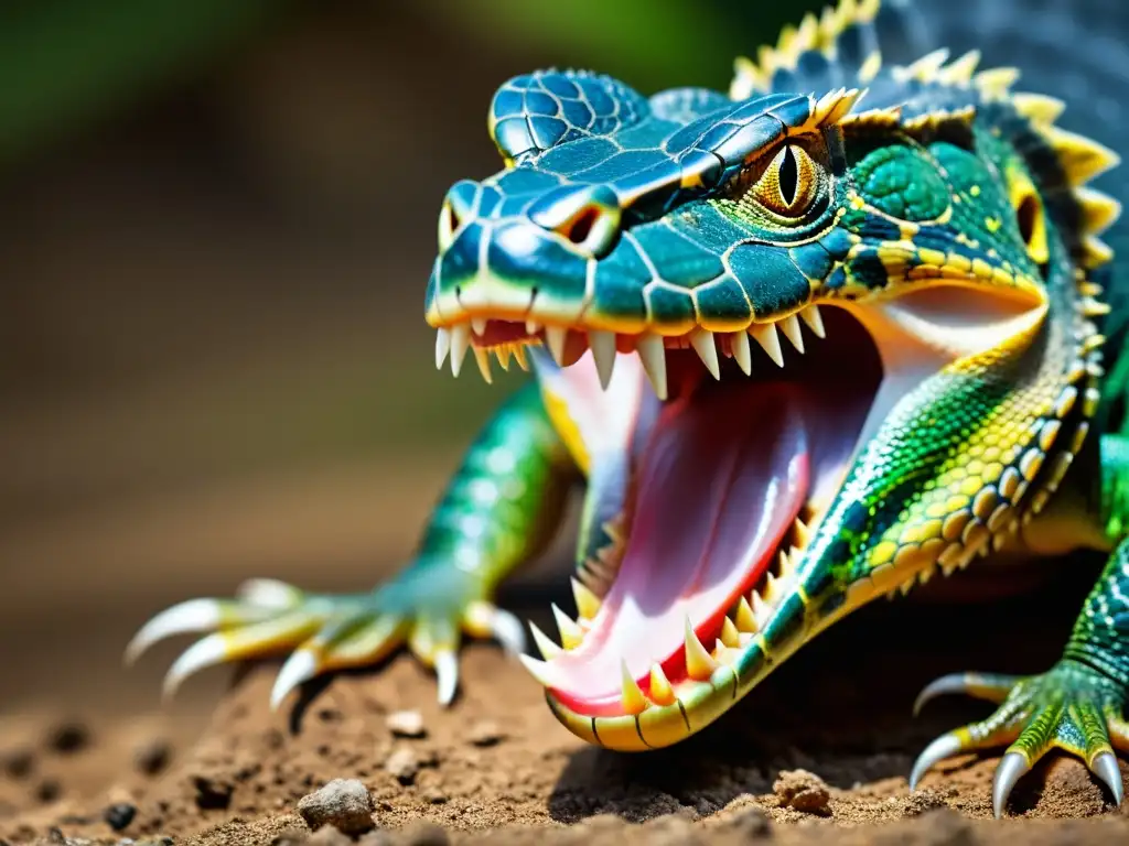 Un reptil en primer plano, con la boca abierta mostrando sus afilados dientes y lengua mientras captura su presa