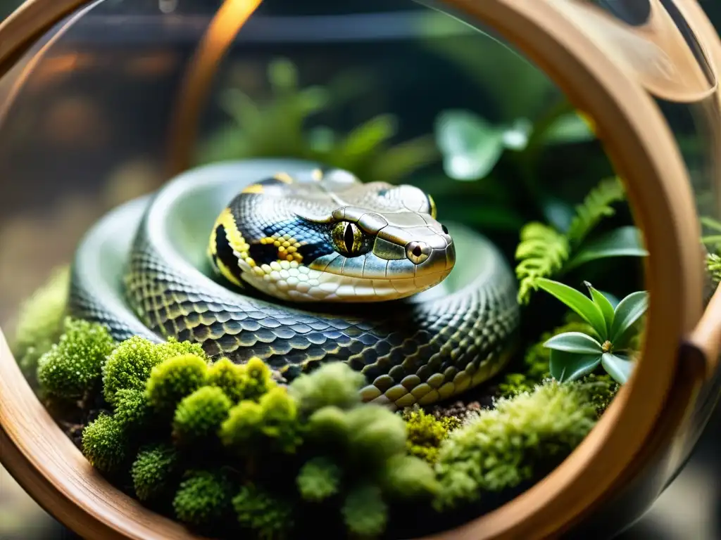 Un reptil en hibernación descansa entre ramas, hojas y musgo en un terrario acogedor y tenue