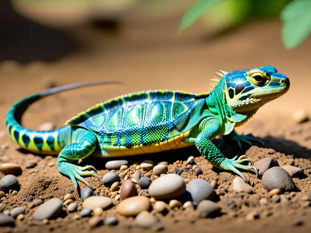 Reptil rehabilitado con prótesis, adaptándose con determinación a su entorno natural