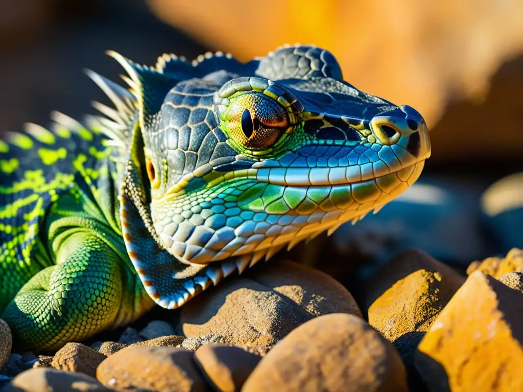 Un reptil deslizándose sobre una roca, con sus escamas coloridas y su ojo feroz, mostrando sus conductas territoriales reptiles marcados