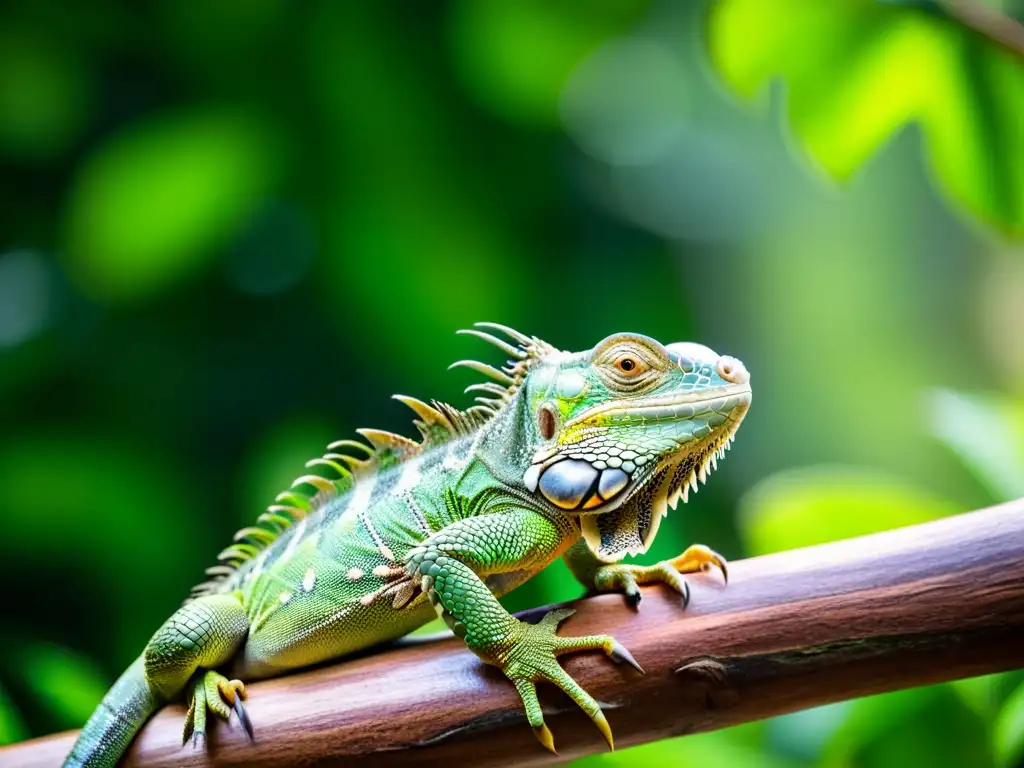 Reptil en la selva: iguana verde con escamas detalladas y ojos brillantes