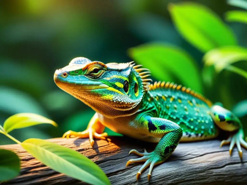 Un reptil sereno descansando en su entorno natural, rodeado de exuberante vegetación y luz cálida