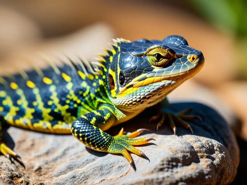 Reptil tomando el sol en cautiverio, con escamas relucientes y patrones intrincados en su piel, reflejando tranquilidad y termorregulación