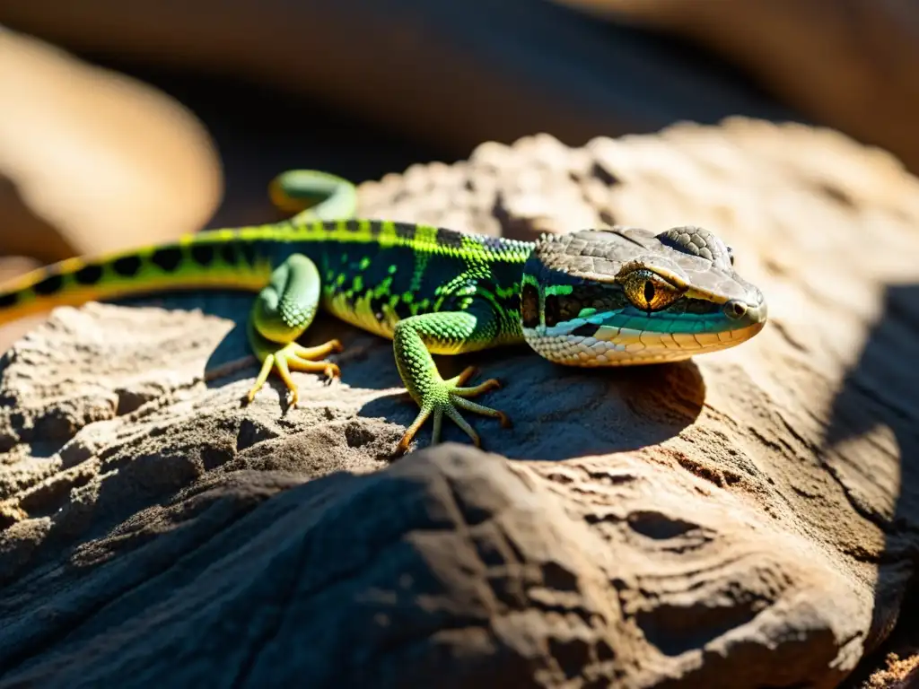 Un reptil tomando el sol, con escamas detalladas y patrones únicos