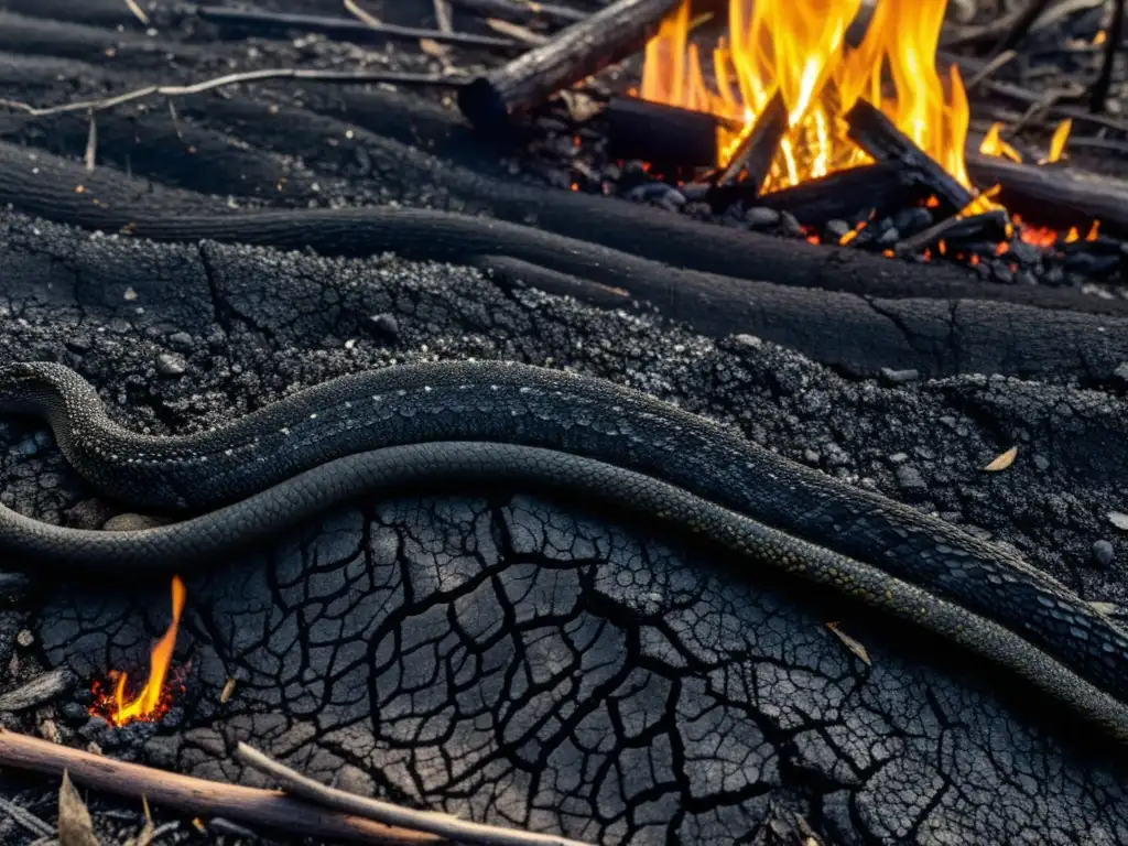 Un reptil emergiendo de un suelo carbonizado en un bosque incendiado, mostrando el impacto de los incendios forestales en la fauna de reptiles