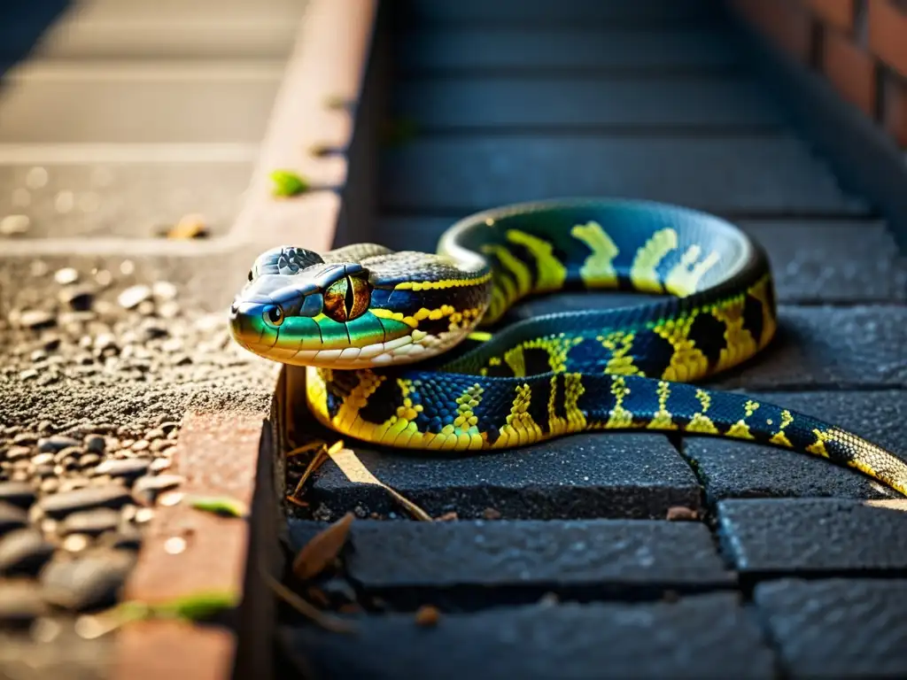 Un reptil urbano como una serpiente o lagarto, camuflado entre la infraestructura urbana