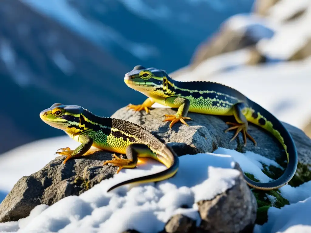 Reptiles adaptados al frío: grupo de reptiles de montaña disfrutando del sol en un paisaje nevado y frío, mostrando su resistencia única