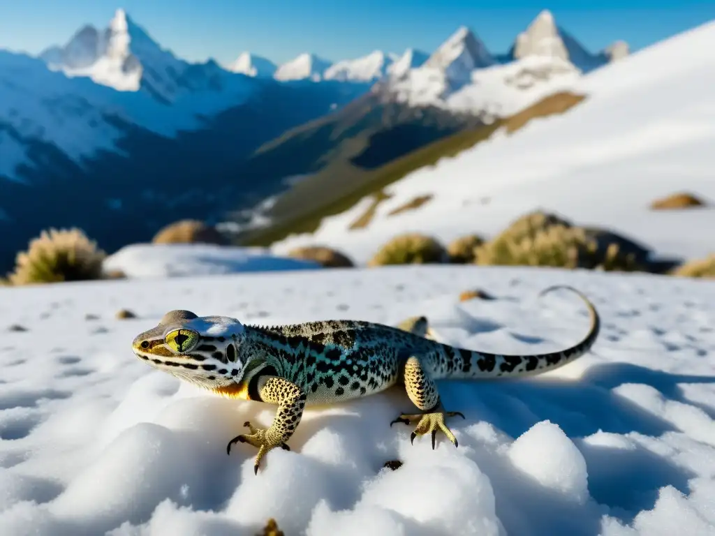 Reptiles adaptados al frío disfrutando del sol en un prado alpino nevado, destacando su belleza y resistencia