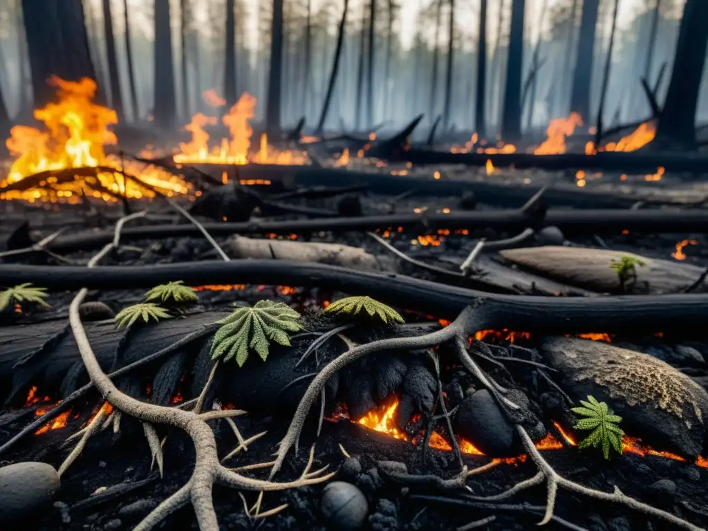 Reptiles y anfibios emergen con cautela de un suelo carbonizado, mostrando el impacto de incendios en su hábitat