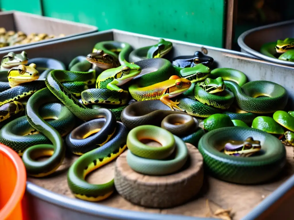 Reptiles y anfibios en jaulas, mercado caótico