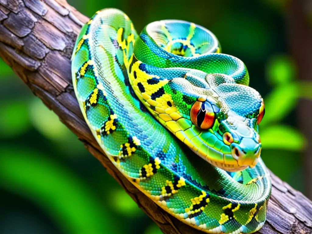 Fotografiar reptiles desde ángulos creativos: Serpiente pitón verde enroscada en rama, con escamas vibrantes y mirada cautivadora