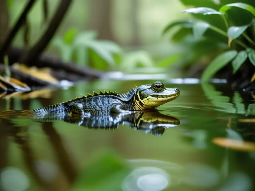 Reptiles nadando entre árboles inundados, demostrando adaptación en su entorno acuático