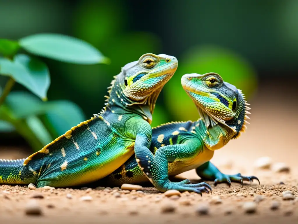 Dos reptiles en cautiverio realizando complejos rituales de apareamiento, destacando los detalles de su comportamiento