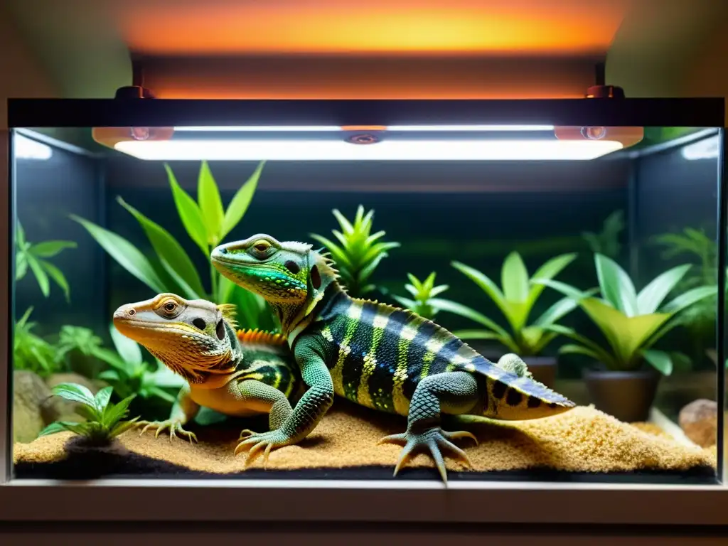 Reptiles cautivos bajo lámpara de calor, mostrando interacciones sociales entre especies, patrones y texturas en sus escamas