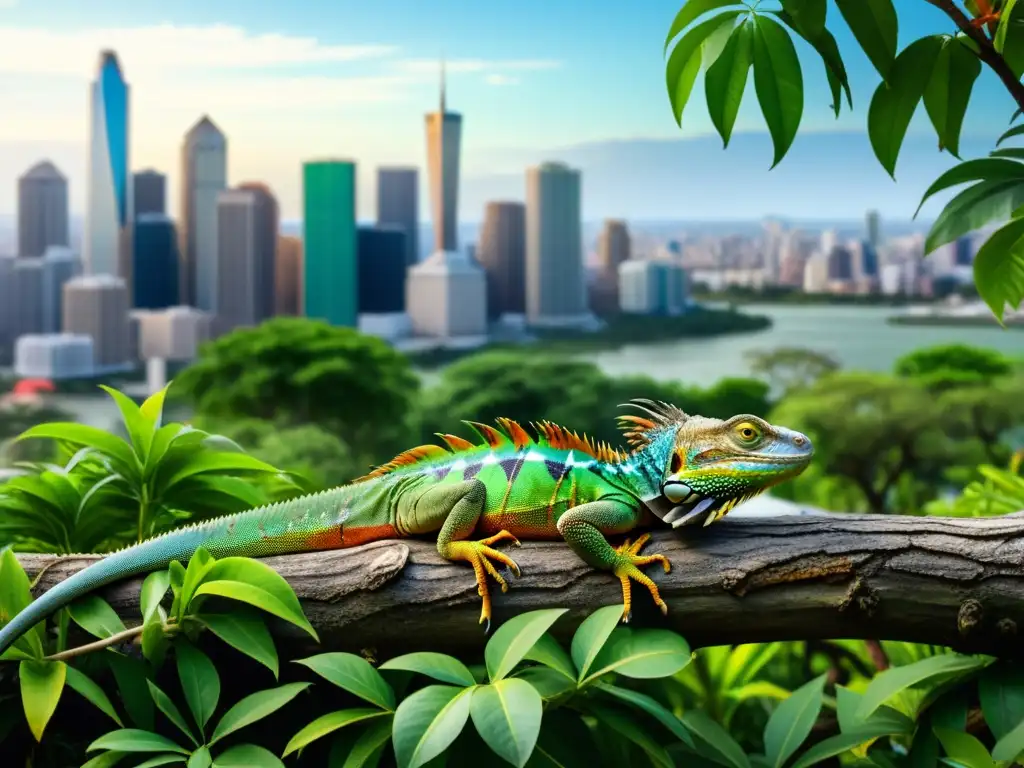 Adaptación de reptiles en ciudades urbanas: iguana verde camuflada en árbol, serpientes entre vegetación, contraste con skyline urbano