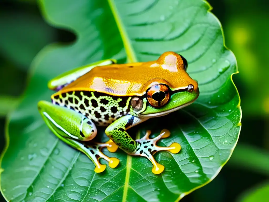 Rana arbórea en la selva tropical Fotografía de reptiles y anfibios: Detalle nítido de una rana verde en la hoja de un bosque tropical, con gotas de agua y ojos brillantes