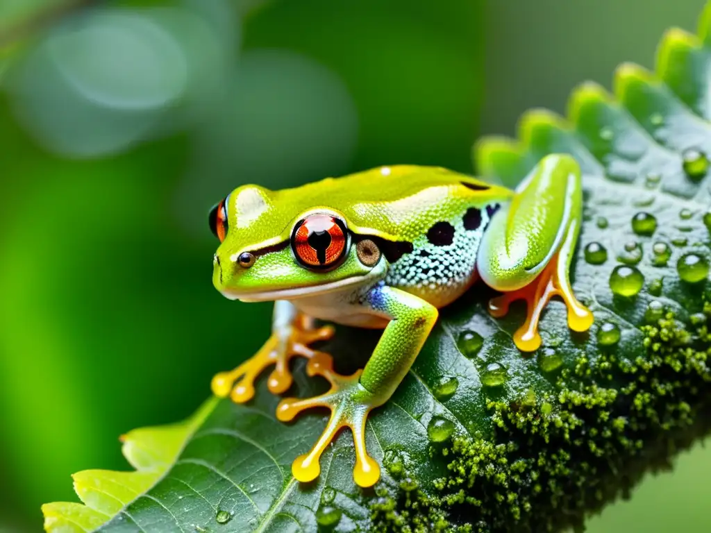 Rana de árbol verde: belleza en detalle Fotografía de reptiles y anfibios: Detalle de una rana verde en su hábitat natural, con ojos dorados y piel traslúcida cubierta de gotas de agua