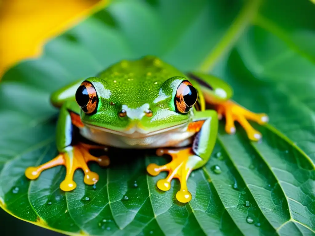 Rana de árbol verde brillante en hoja: detalle impresionante Fotografía de reptiles y anfibios: Detalle de una rana verde aferrada a una hoja, con gotas de agua brillando en su piel