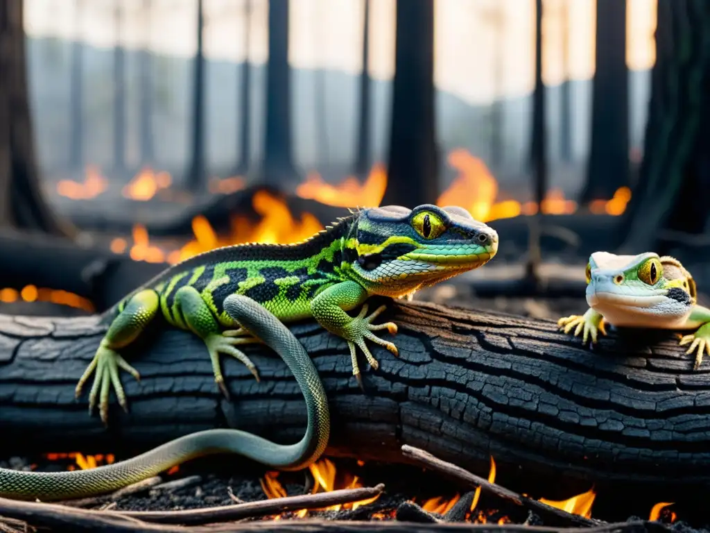 Reptiles adaptándose al impacto de incendios forestales, mostrando su supervivencia entre la destrucción