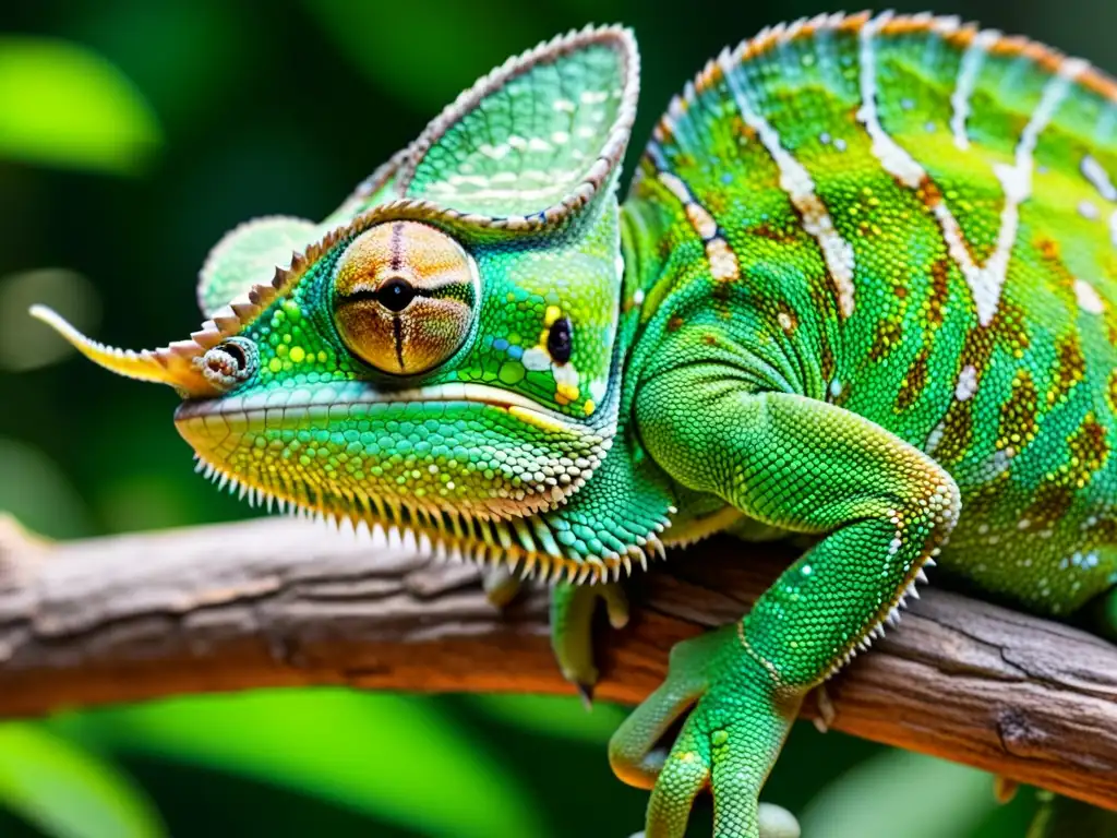 Fotografía de reptiles para conservación: Detalle impresionante de un camaleón verde en su hábitat natural, listo para cazar