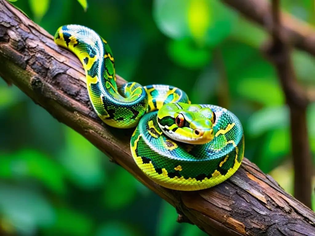 Fotografía de reptiles para conservación: Majestuosa serpiente verde enramada en un árbol en la exuberante selva tropical