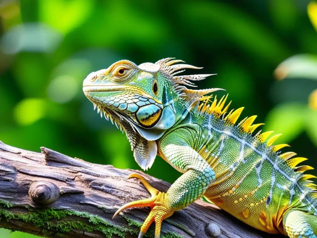 Fotografía de reptiles narrativa: Detalle de una iguana verde en su hábitat natural, con escalas y ojos hipnóticos