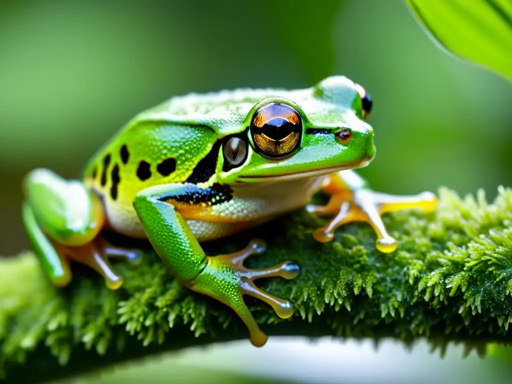 Fotografía de reptiles narrativa: Detalle de una rana arbórea verde brillante en una rama cubierta de musgo en la selva