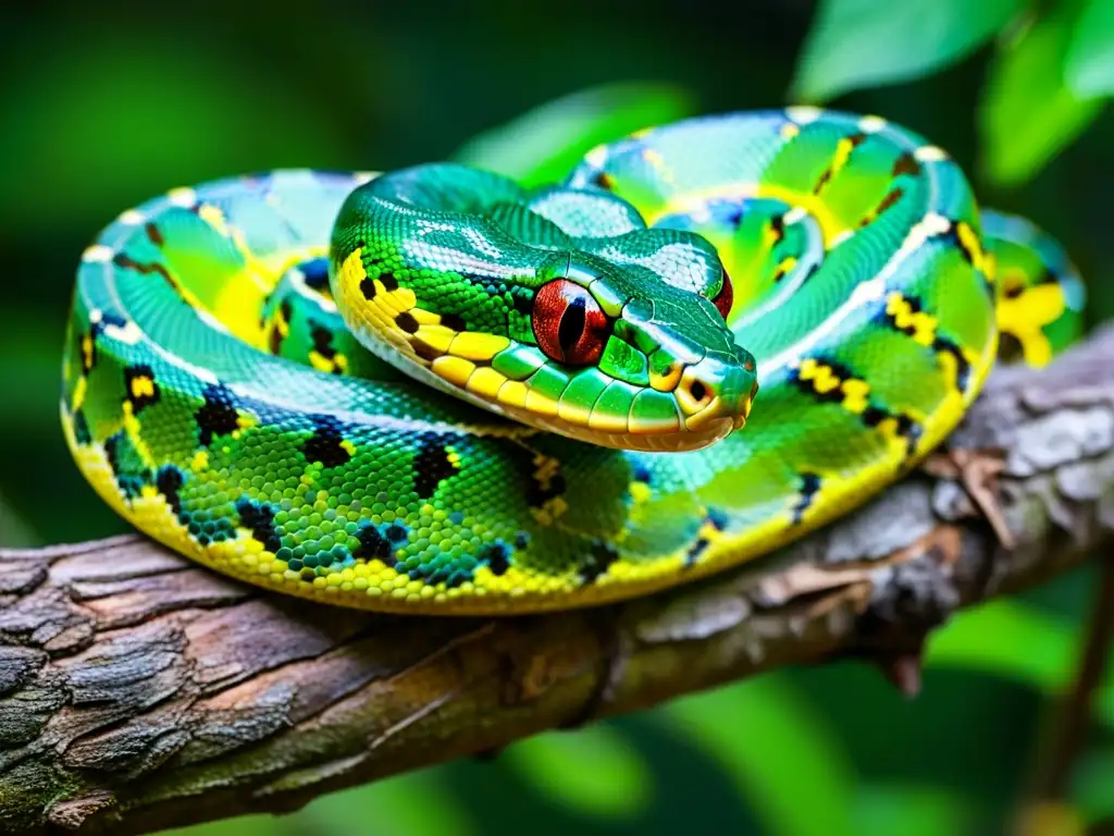 Una fotografía de reptiles narrativa que muestra un pitón verde arrollado en una rama, con escamas detalladas y ojos alertas