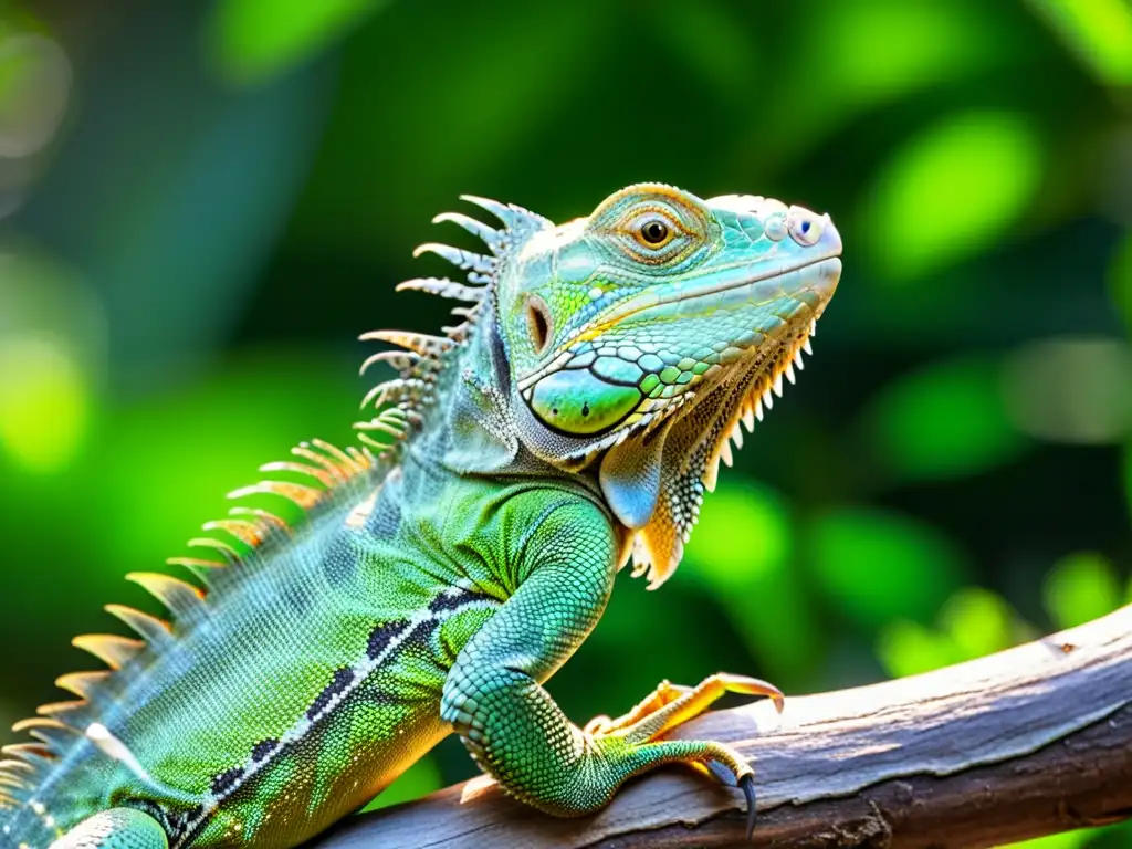 Una fotografía de reptiles para conservación: un primer plano detallado de una vibrante iguana verde en una selva tropical exuberante