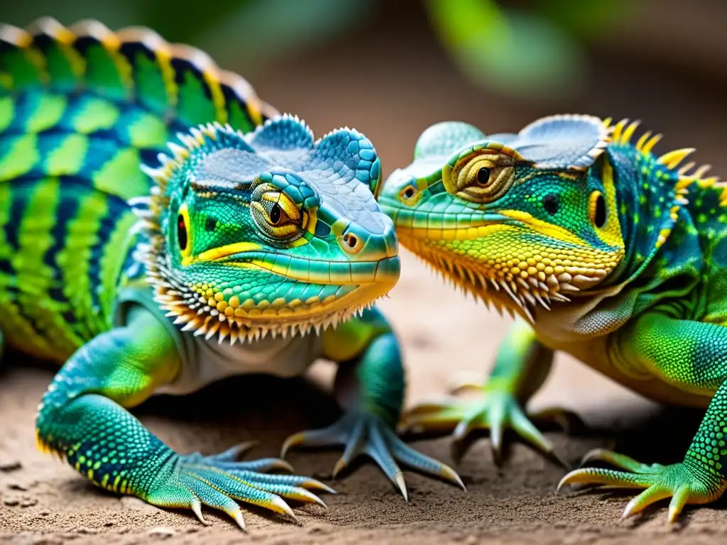 Dos reptiles en un ritual de apareamiento con patrones y colores vibrantes en sus escamas