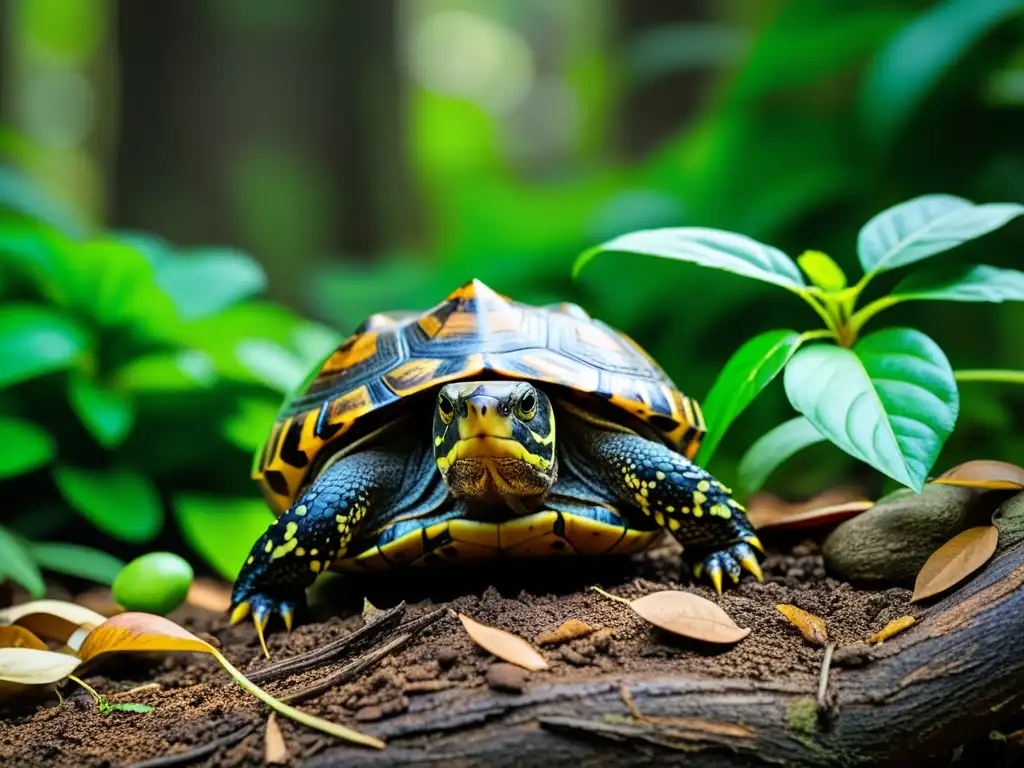 Requisitos hábitat tortuga de caja: bosque tropical exuberante con vida vegetal diversa y una tortuga de caja camuflada entre las hojas