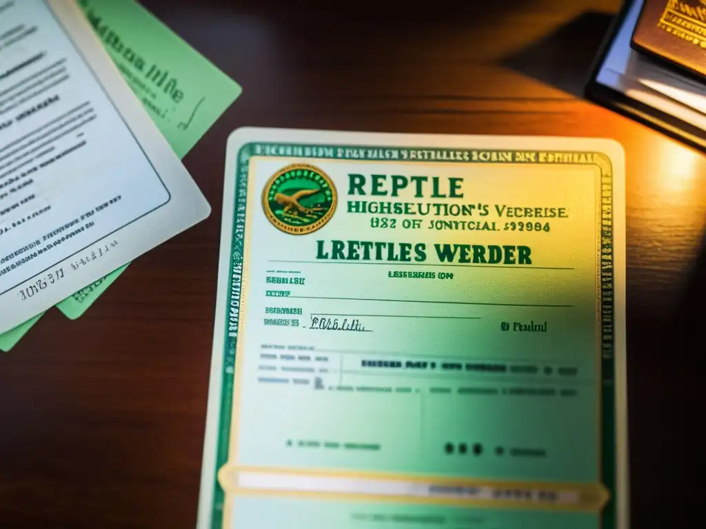 Requisitos legales para vender reptiles: Licencia de vendedor de reptiles con sellos oficiales y documentos en escritorio iluminado