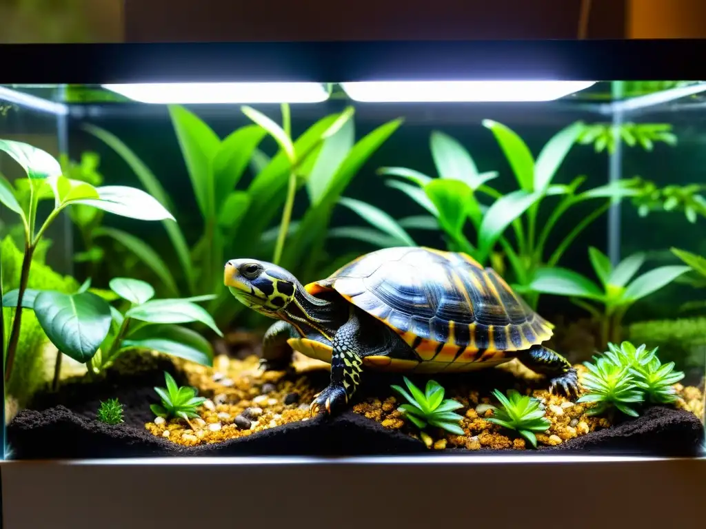 Requisitos hábitat tortuga de caja: Terrario naturalista con plantas nativas, estanque y tortuga basking bajo luz cálida