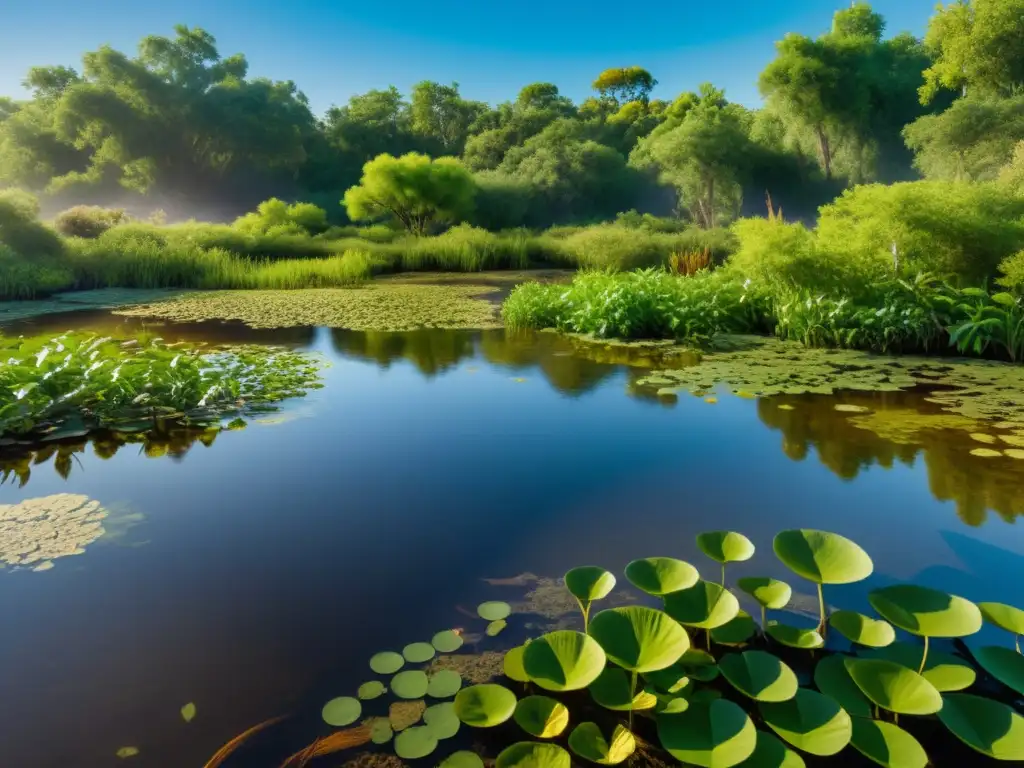 Restauración exitosa: Ecosistema diverso y sostenible en humedal Restauración de hábitats para reptiles: imagen detallada de un humedal restaurado con raíces entrelazadas, peces y reptiles