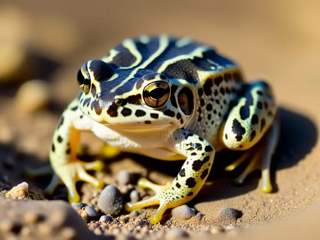 Un retrato detallado y de alta resolución de un anfibio del desierto, como un sapo de espuelas, camuflado en la arena