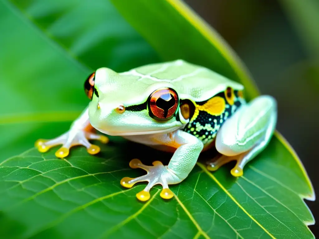 Un retrato detallado de un árbol rana albino en una hoja verde brillante, resaltando sus ojos dorados y piel translúcida