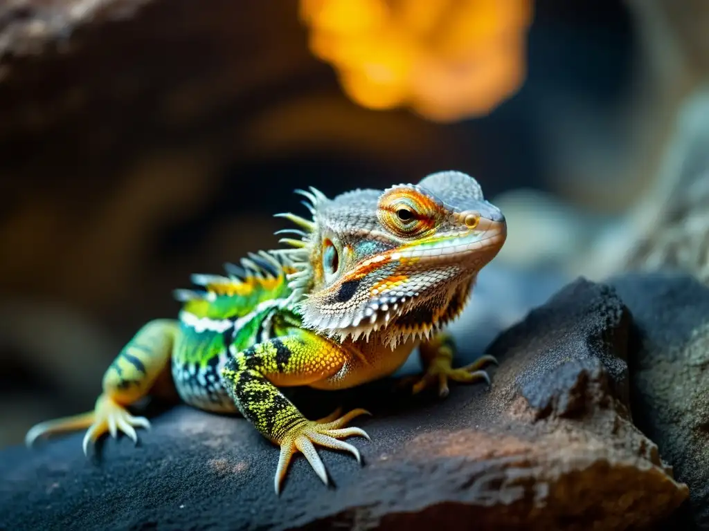 Un retrato detallado y cercano de un lagarto barbudo en plena brumación, acurrucado en una acogedora cueva con condensación en las paredes