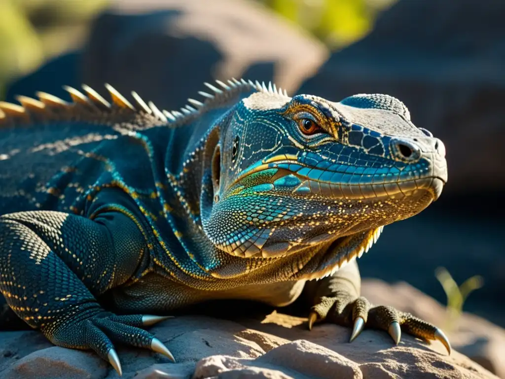 Un retrato detallado de un dragón de Komodo tomando el sol en una formación rocosa