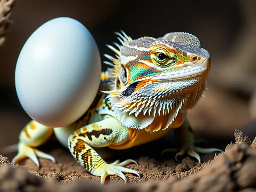 Un retrato detallado y emocionante de una dragón barbudo en el proceso de anidación, resaltando la importancia de los cuidados en la cría