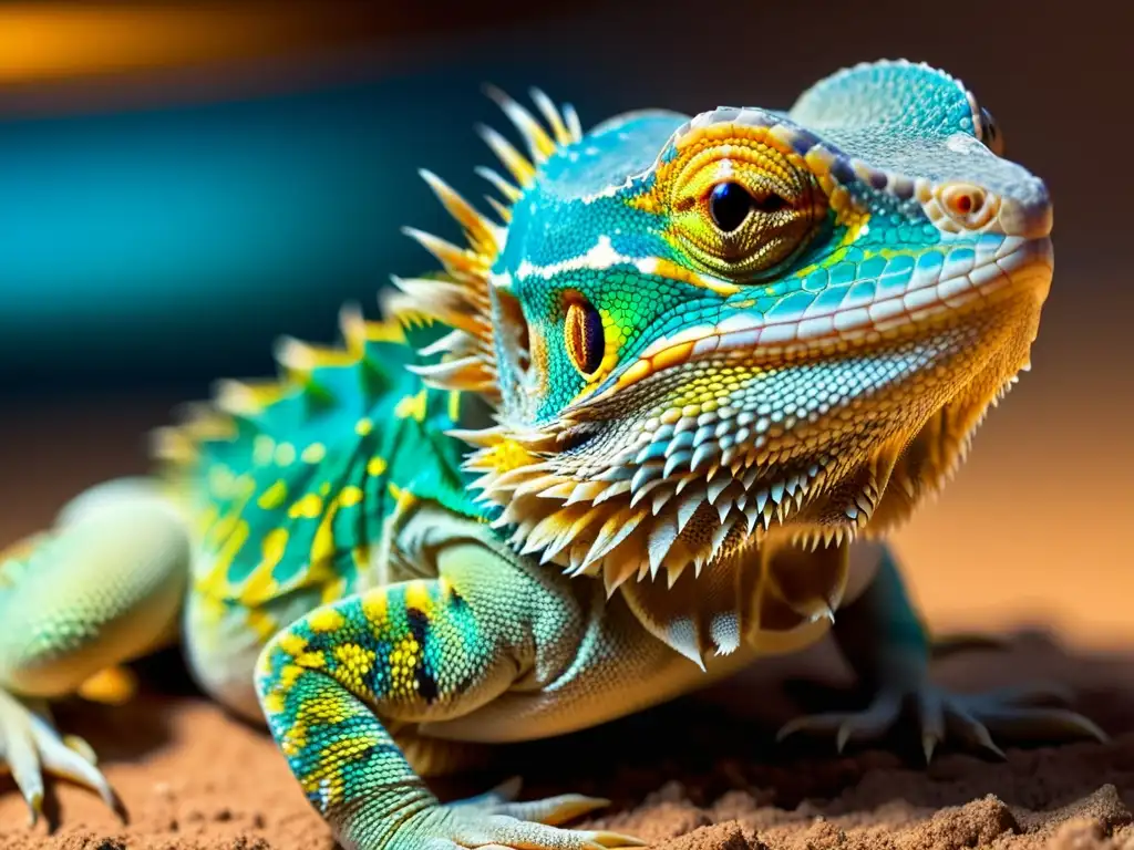 Un retrato detallado de un dragón barbudo bajo la iluminación UVB, con sus escamas y espinas proyectando sombras intrincadas y sus ojos reflejando un cálido resplandor